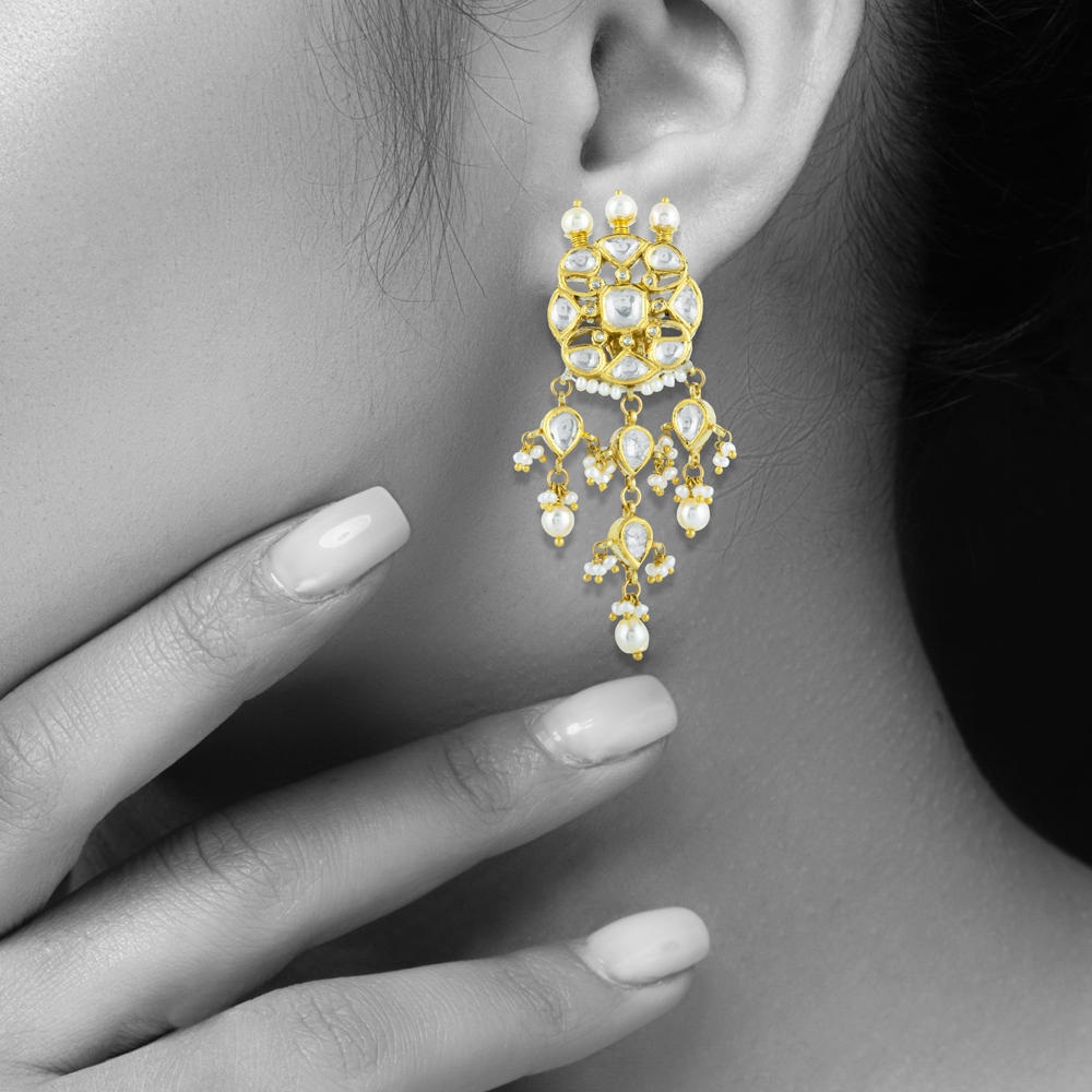 Intricate Gold Polki Earring with Cascading Pearl
